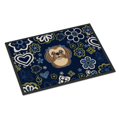 Carolines Treasures Carolines Treasures BB5100JMAT 24 x 36 in. Blue Flowers Chocolate & Brown Shih Tzu Indoor or Outdoor Mat BB5100JMAT